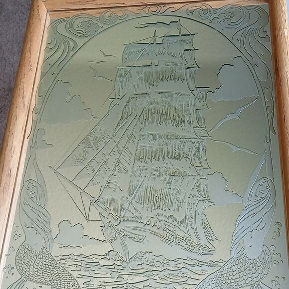 Vintage Etched Glass Framed Mirror Sailing Ship Mermaids MCM 19" H x 13" W - Picture 8 of 11
